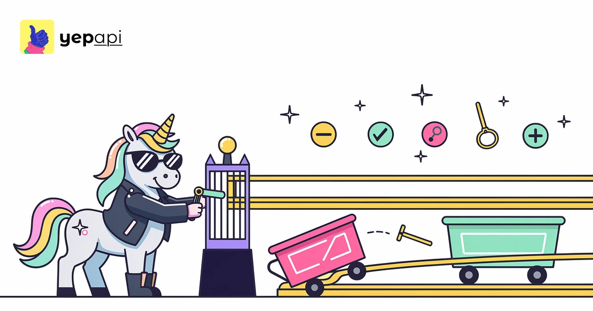 A unicorn pulls a lever on a two-track gate with carts on rails.