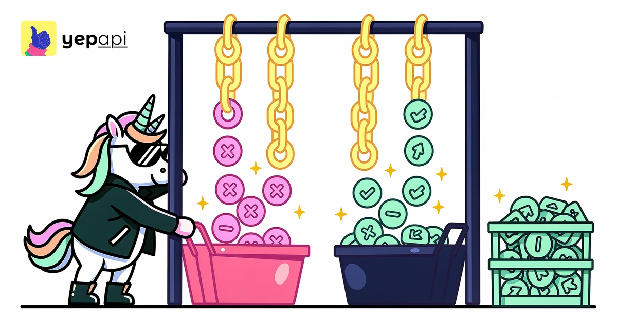A unicorn sorting chain links through a gate into a crate and a bin.
