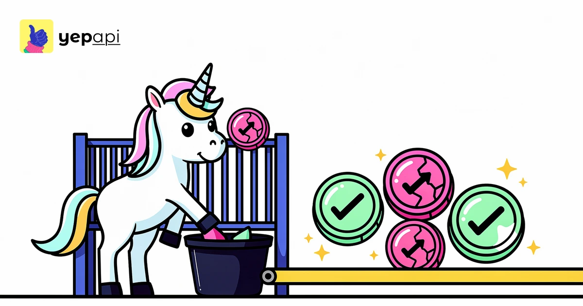 A unicorn sorting round tokens through a gate into a rail and a reject bin.