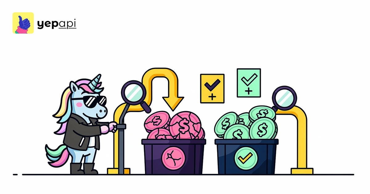 A unicorn sorts round tokens through a three-slot gate into a crate and a bin.