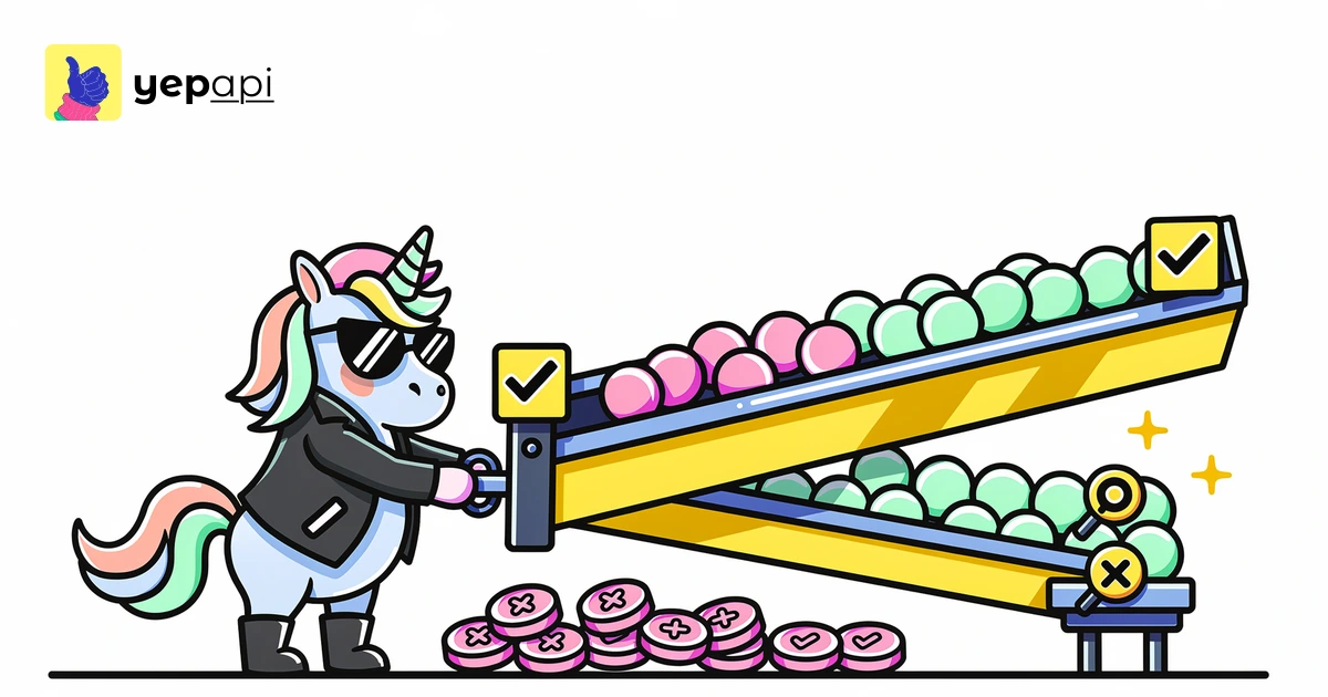 A unicorn pulls a lever on a sorting gate with tokens rolling into two chutes.