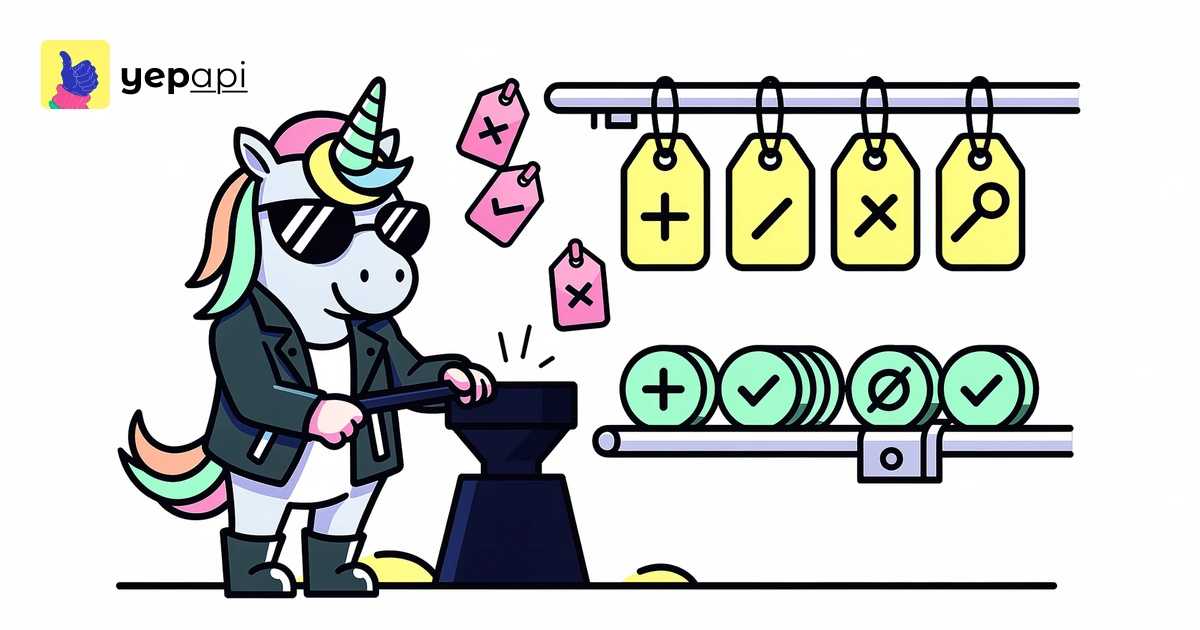 A unicorn sorting hanging tags through a funnel gate with rails.