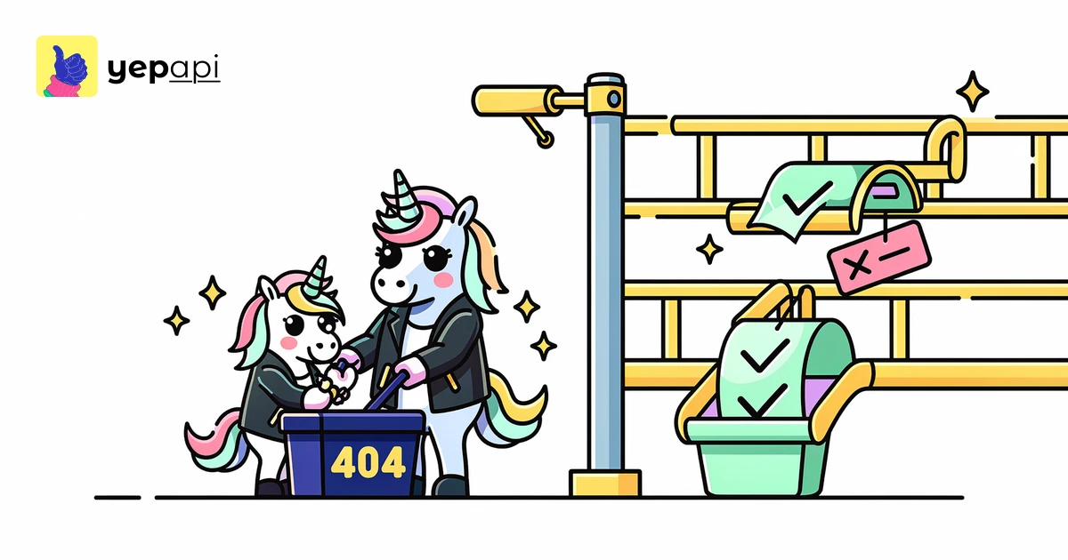 Unicorn sorting URL tags at a gate labeled by http 404 error meaning, with broken links falling into a missing page bin