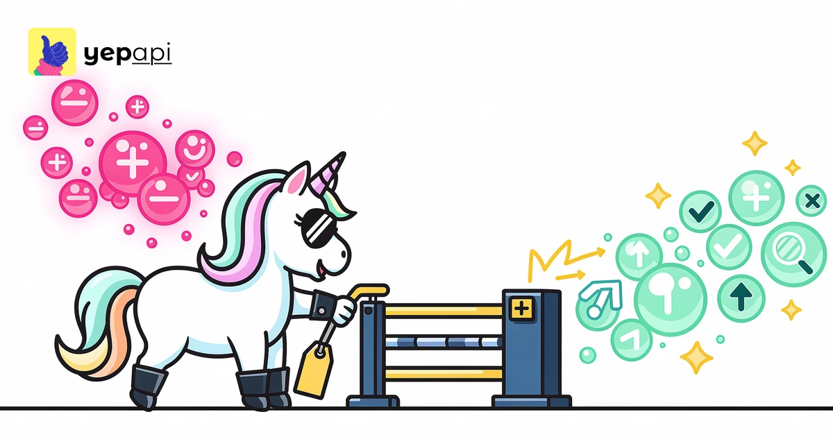 A cartoon unicorn sorts speech bubbles through a small gate with some falling to the left.