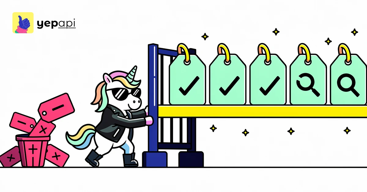 A unicorn sorting small tags through a gate into a rail and a bin.