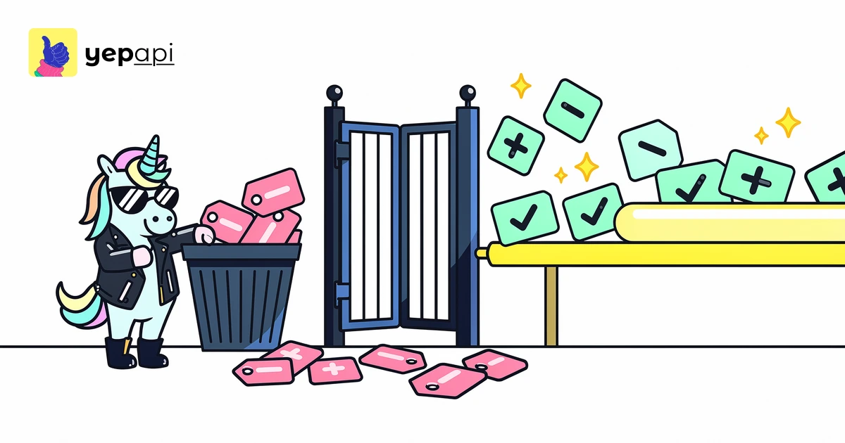 A unicorn sorting tags through a three-lane gate into a rail and a bin.