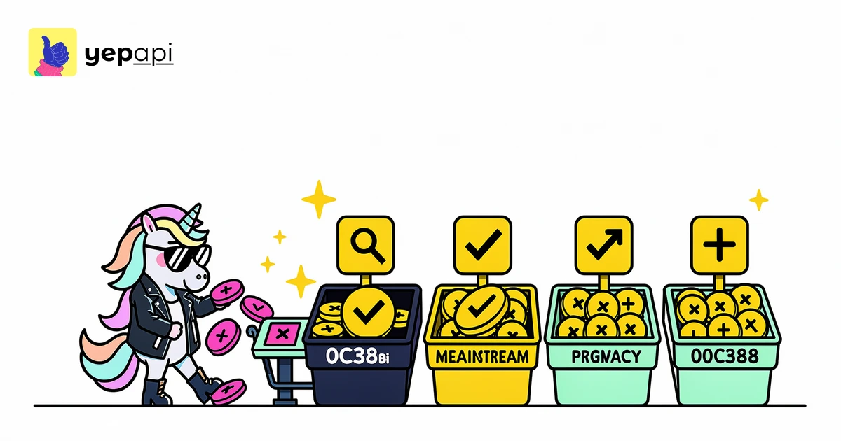 Unicorn sorting top 10 search engine ranking tokens through a gate into mainstream, privacy, and regional bins