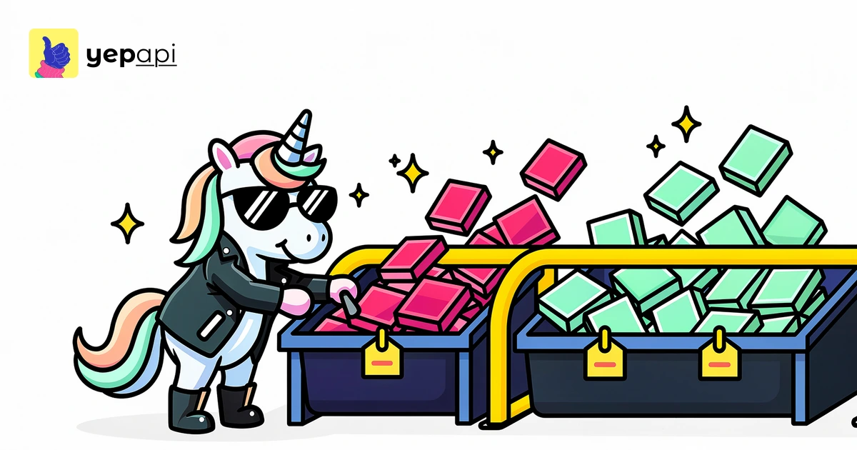 A unicorn sorting search-result tiles through a gate into bins.