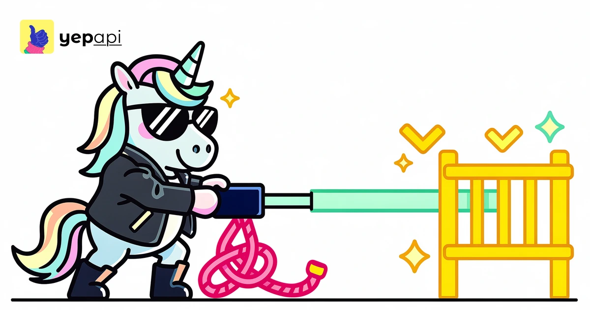 A unicorn pulling a lever beside a gate with one straight rope path and one tangled loop.
