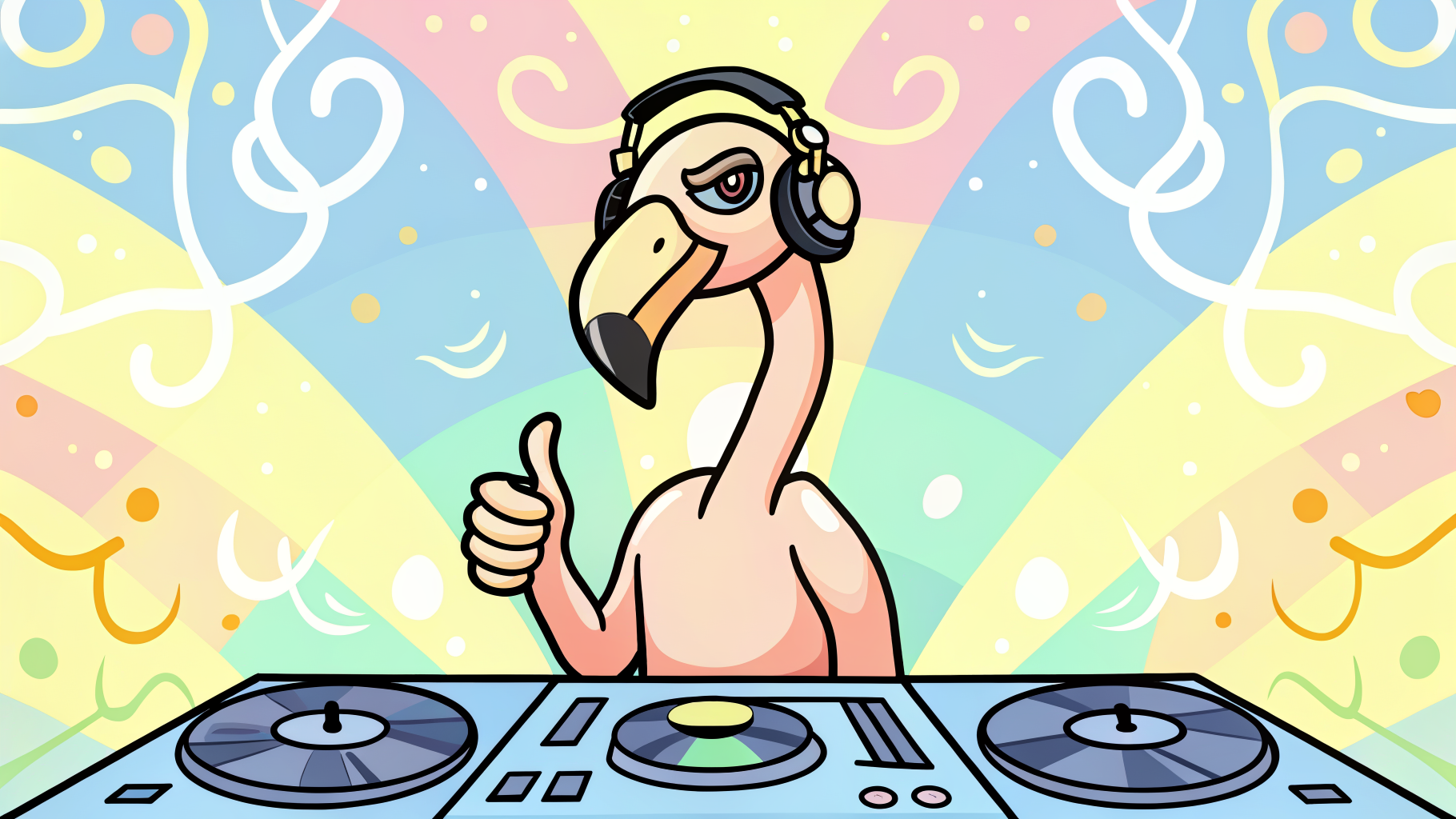 An illustrated flamingo DJ at a pair of turntables wearing headphones
